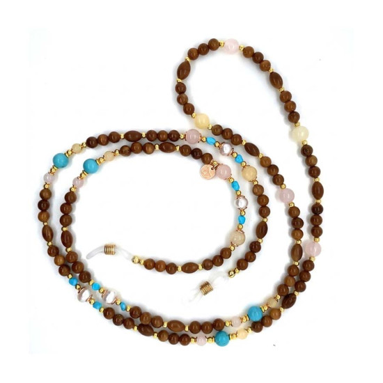 YELLOW HEMIMORPHITE GLASSES CHAIN WITH PEARL, TURQUOISE, PINK QUARTZ & COCO WOOD YELLOW HEMIMORPHITE GLASSES CHAIN WITH PEARL, TURQUOISE, PINK QUARTZ & COCO WOOD