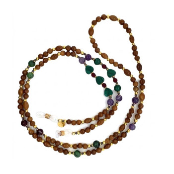 AMETHYST GLASSES CHAIN WITH MALACHITE HEARTS, RUBY ZOISITE, RUBY AGATE & COCO WOOD AMETHYST GLASSES CHAIN WITH MALACHITE HEARTS, RUBY ZOISITE, RUBY AGATE & COCO WOOD