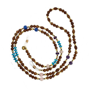PINK QUARTZ GLASSES CHAIN WITH TURQUOISE RINGS, AMETHYST, BLUE AGATE & COCO WOOD