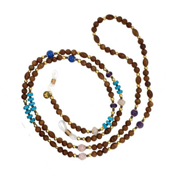 PINK QUARTZ GLASSES CHAIN WITH TURQUOISE RINGS, AMETHYST, BLUE AGATE & COCO WOOD PINK QUARTZ GLASSES CHAIN WITH TURQUOISE RINGS, AMETHYST, BLUE AGATE & COCO WOOD