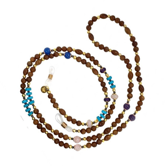 PINK QUARTZ GLASSES CHAIN WITH TURQUOISE RINGS, AMETHYST, BLUE AGATE & COCO WOOD