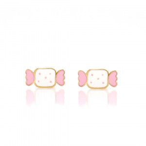 18K Gold Candy Kids With Pink And White Enamel Earrings
