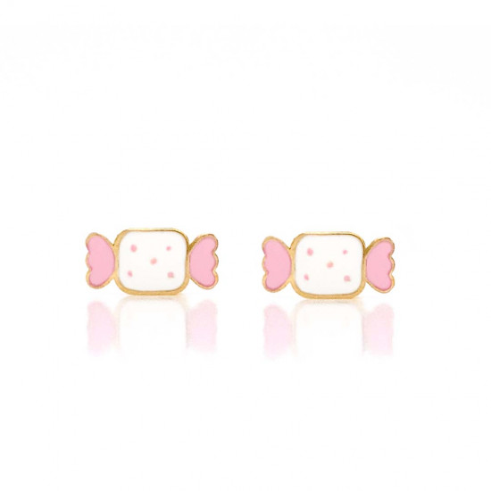18K Gold Candy Kids With Pink And White Enamel Earrings