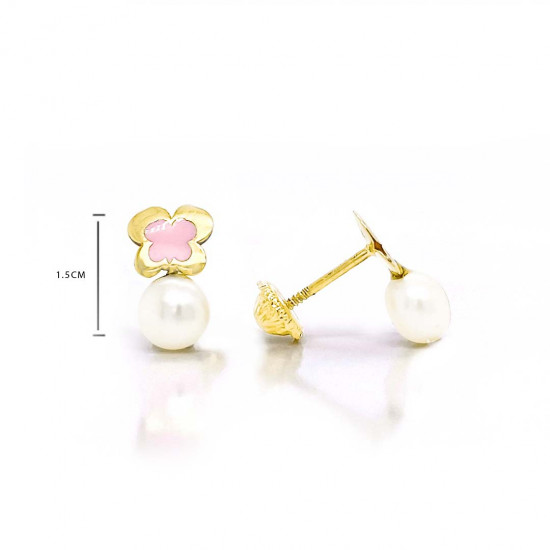 18K GOLD BUTTERFLY PINK ENAMEL WITH PEARL EARRINGS