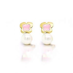 18K GOLD BUTTERFLY PINK ENAMEL WITH PEARL EARRINGS
