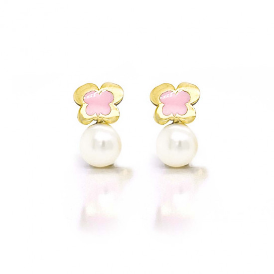 18K GOLD BUTTERFLY PINK ENAMEL WITH PEARL EARRINGS