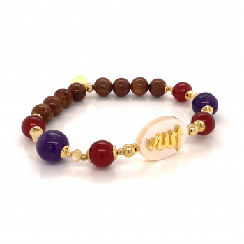 Bracelet in the name of Al-Jalalah -ALLA, crafted on a white seashell with red agate, amethyst, seashell and stone and coke 