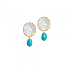 18K Gold Earrings with horse shell and turquoise stone