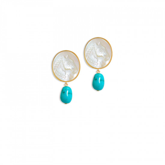 18K Gold Earrings with horse shell and turquoise stone