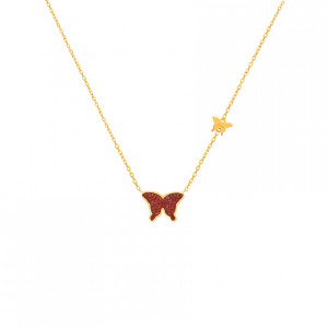 Red Agate Butterfly Neckless, 18K Gold ( small size )