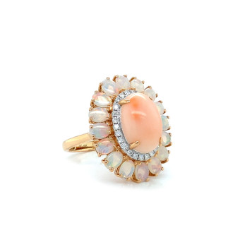 Gold RING WITH PINK CORAL, OPAL WITH DIAMOND