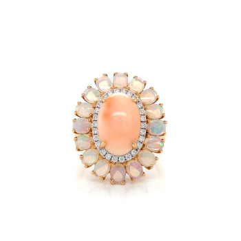 Gold RING WITH PINK CORAL, OPAL WITH DIAMOND