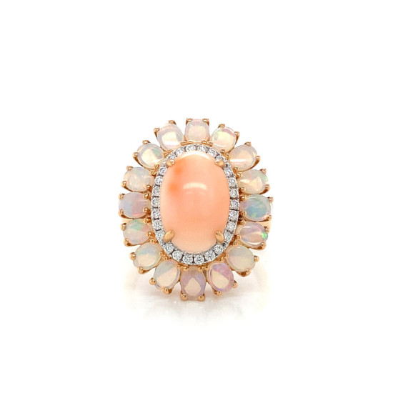 Gold RING WITH PINK CORAL, OPAL WITH DIAMOND Gold RING WITH PINK CORAL, OPAL WITH DIAMOND