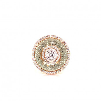 Gold ring studded with diamonds in a round shape with a green Amethyst stone