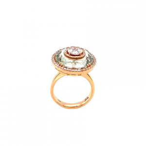 Gold ring studded with diamonds in a round shape with a green Amethyst stone
