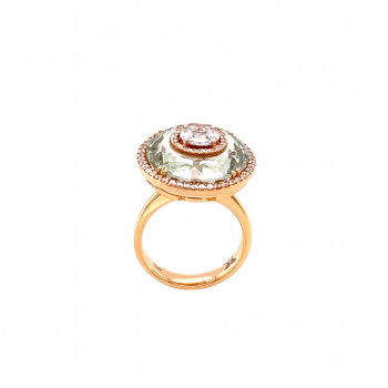 Gold ring studded with diamonds in a round shape with a green Amethyst stone