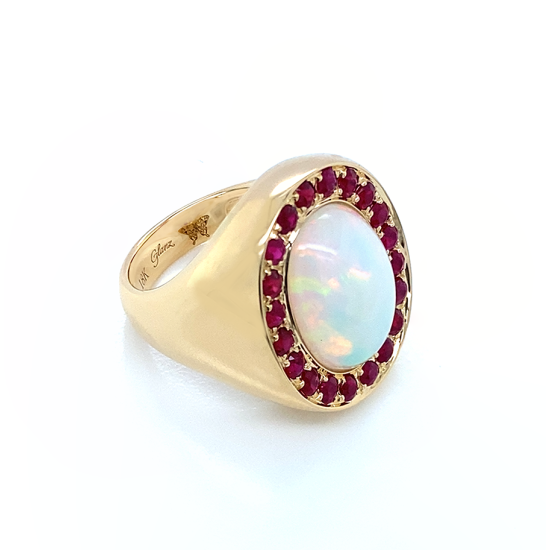 OPAL RING WITH 20 PIECES OF RUBI ,18K GOLD OPAL RING WITH 20 PIECES OF RUBI ,18K GOLD