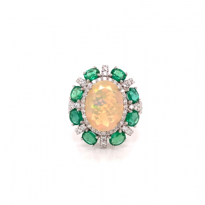 oval opal gold ring with diamonds and emeralds