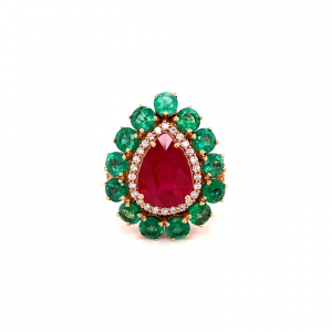 teardrop ruby gold ring with emerald and diamonds