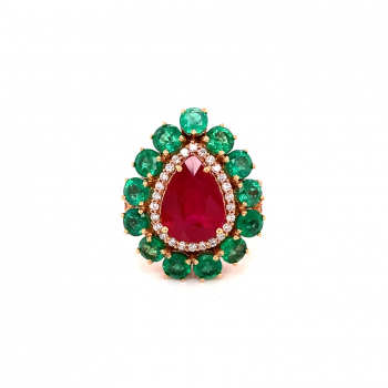 teardrop ruby gold ring with emerald and diamonds