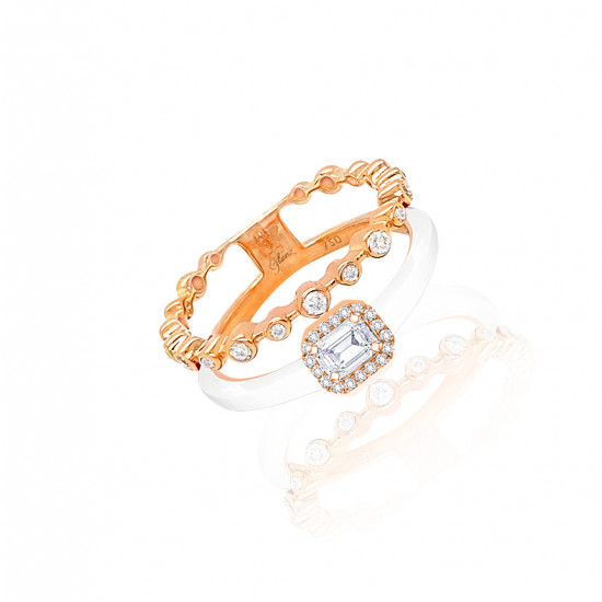 18K GOLD RING WITH WHITE CERAMIC , INLAID WITH DIAMOND
