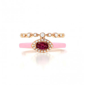DIAMOND RING WITH PINK CERAMIC AND RUBY
