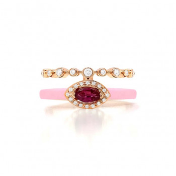 DIAMOND RING WITH PINK CERAMIC AND RUBY