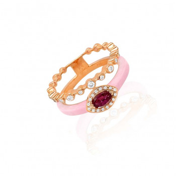 DIAMOND RING WITH PINK CERAMIC AND RUBY