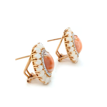 Gold EARRINGS WITH PINK CORAL, OPAL WITH DIAMOND
