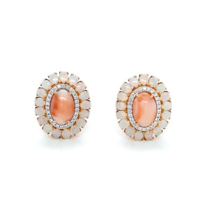 Gold EARRINGS WITH PINK CORAL, OPAL WITH DIAMOND