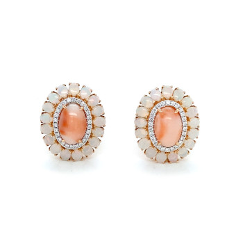 Gold EARRINGS WITH PINK CORAL, OPAL WITH DIAMOND