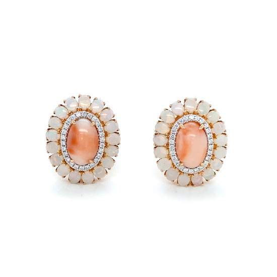 Gold EARRINGS WITH PINK CORAL, OPAL WITH DIAMOND Gold EARRINGS WITH PINK CORAL, OPAL WITH DIAMOND