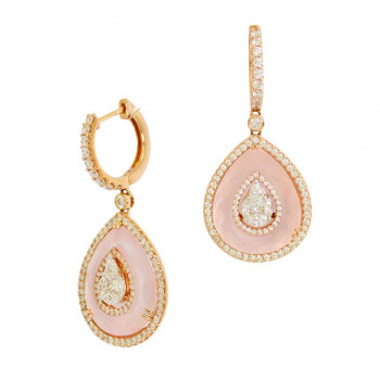 Gold earrings with pink quartz tear-shaped with diamond