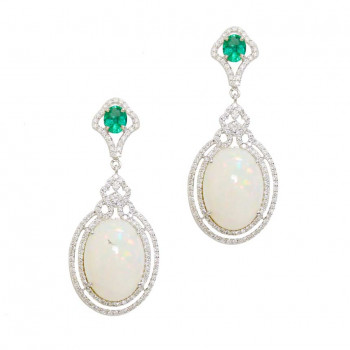 White Ethiopian opal earring with emerald stone and diamonds, 18k gold