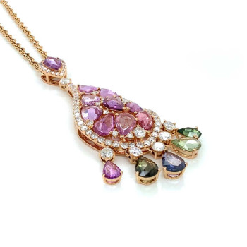 18K GOLD NECKLESS WITH MULTI COLORED SAPPHIRE AND PINK SAPPHIRE, STUDDED WITH DIAMOND