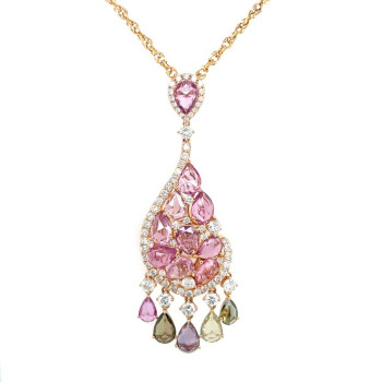 18K GOLD NECKLESS WITH MULTI COLORED SAPPHIRE AND PINK SAPPHIRE, STUDDED WITH DIAMOND
