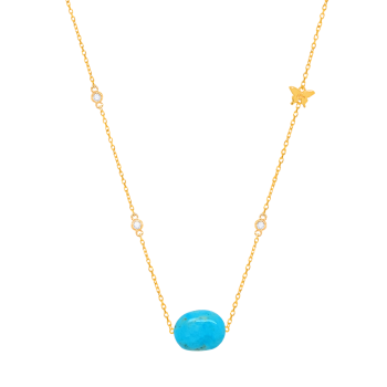18K Gold Turquoise Neckless, Studded With 7 Pieces Of Diamond