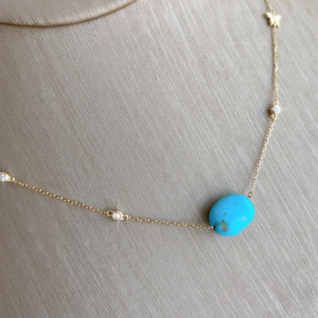 18K Gold Turquoise Neckless, Studded With 7 Pieces Of Diamond