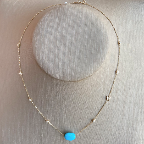 18K Gold Turquoise Neckless, Studded With 7 Pieces Of Diamond