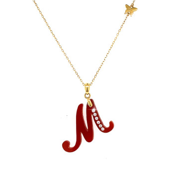 18K GOLD CHAIN WITH RED AGATE AND 6 PICE OF DIAMOND ( M LETTER SHAPE )