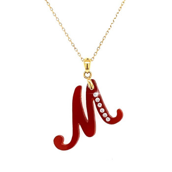 18K GOLD CHAIN WITH RED AGATE AND 6 PICE OF DIAMOND ( M LETTER SHAPE )