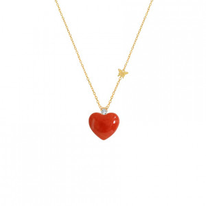 18K Gold ( luxury ) Coral Heart Shaped Neckless, Studded with 1 Piece Of Diamond