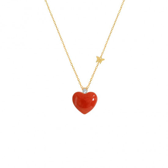 18K Gold ( luxury ) Coral Heart Shaped Neckless, Studded with 1 Piece Of Diamond