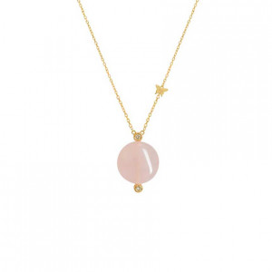 18k Gold Pink Quartz Circle Shaped Neckless, Studded With 2 Pieces Of Diamond