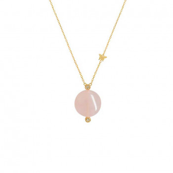 18k Gold Pink Quartz Circle Shaped Neckless, Studded With 2 Pieces Of Diamond