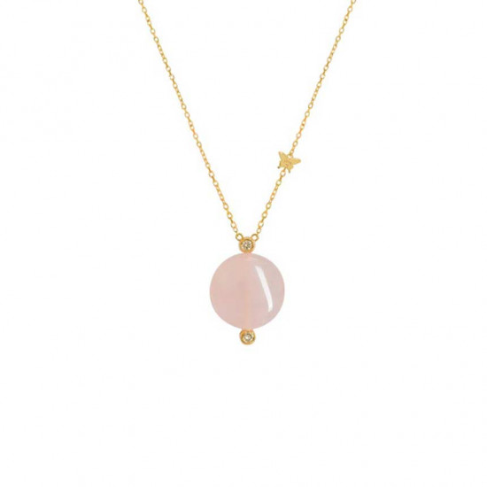 18k Gold Pink Quartz Circle Shaped Neckless, Studded With 2 Pieces Of Diamond