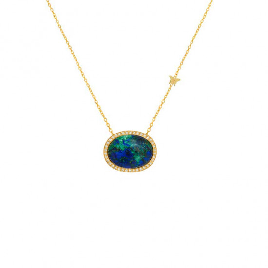 18K Gold A Rare Azurite Neckless, Studded With 38 Pieces Of Diamond