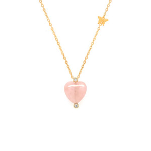 18K Gold Pink Quartz ( infinity )Heart Shaped Neckless, Studded With 2 Pieces Of Diamond 