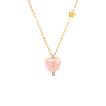 18K Gold Pink Quartz ( infinity )Heart Shaped Neckless, Studded With 2 Pieces Of Diamond 