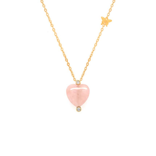 18K Gold Pink Quartz ( infinity )Heart Shaped Neckless, Studded With 2 Pieces Of Diamond 